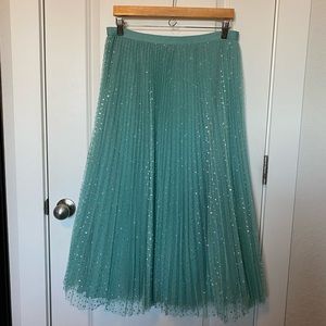 EUC Turquoise Pleated Mesh Midi Skirt with Good Glitter Polka Dots
